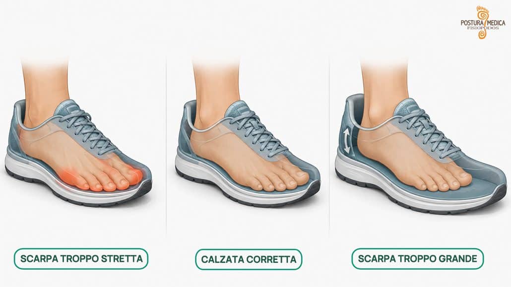 confronto tra scarpa troppo stretta, calzata corretta e scarpa troppo grande