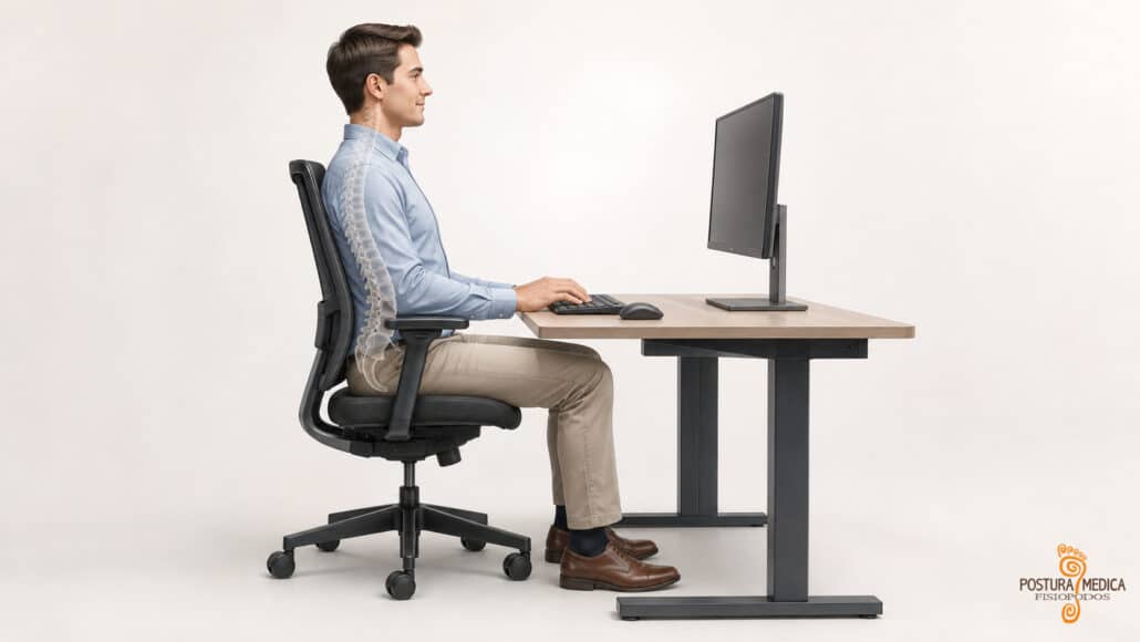 Configurazione ergonomica della postazione di lavoro con sedia, monitor, tastiera e appoggio dei piedi