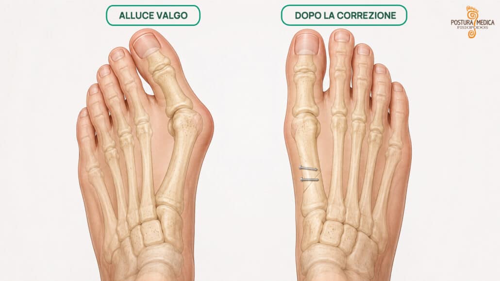 Confronto tra piede con alluce valgo prima dell’operazione e piede dopo una correzione chirurgica con riallineamento del primo raggio