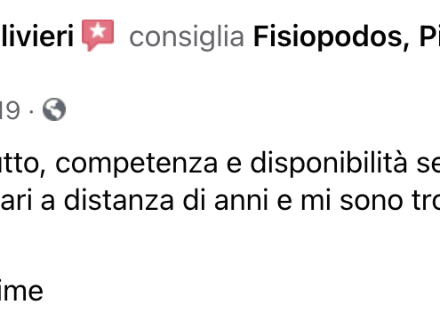 Recensione di Manuela Olivieri: Lo consiglio per tutto, competenza e disponibilità senza pari. Io ho già fatto due plantari a distanza di anni e mi sono trovata sempre benissimo. Grazie. 5 stelle meritatissime.