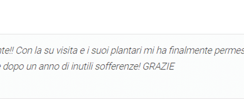 Recensione di Natalia Ghersi: Lo consiglio vivamente!! Con la sua visita e i suoi plantari mi ha finalmente permesso di ricominciare a camminare e correre dopo un anno di inutili sofferenze! GRAZIE.