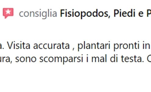 Recensione di La Cavicchi: Esperienza positiva. Visita accurata, plantari pronti in breve tempo, ho migliorato la postura, sono scomparsi i mal di testa. Consiglio vivamente. 5 stelle.