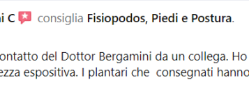 Recensione di Simona M Cantini C: Buongiorno, ho avuto il contatto del dottor Bergamini da un collega. Ho apprezzato la professionalità e la chiarezza espositiva. I plantari che consegnati hanno risolto il mio probema. Consigliato