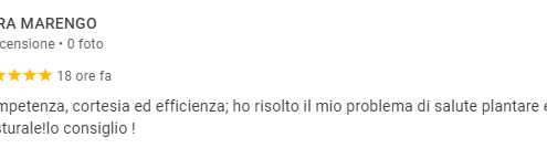 Recensione di Sara Marengo: Competenza, cortesia ed efficienza; ho risolto il mio problema di salute plantare e posturale! Lo consiglio! 5 stelle