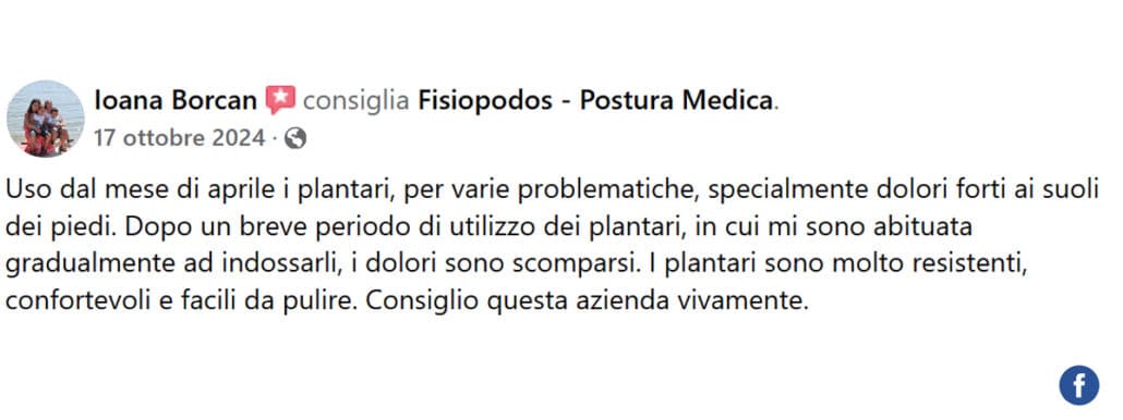 Recensione di Ioana Borcan: Uso dal mese di aprile i plantari, per varie problematiche, specialmente dolori forti ai suoli dei piedi. Dopo un breve periodo di utilizzo dei plantari, in cui mi sono abituata gradualmente ad indossarli, i dolori sono scomparsi. I plantari sono molto resistenti, confortevoli e facili da pulire. Consiglio questa azienda vivamente.