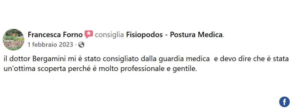 Recensione di Francesca Forno: il dottor Bergamini mi è stato consigliato dalla guardia medica e devo dire che è stata un'ottima scoperta perché è molto professionale e gentile.