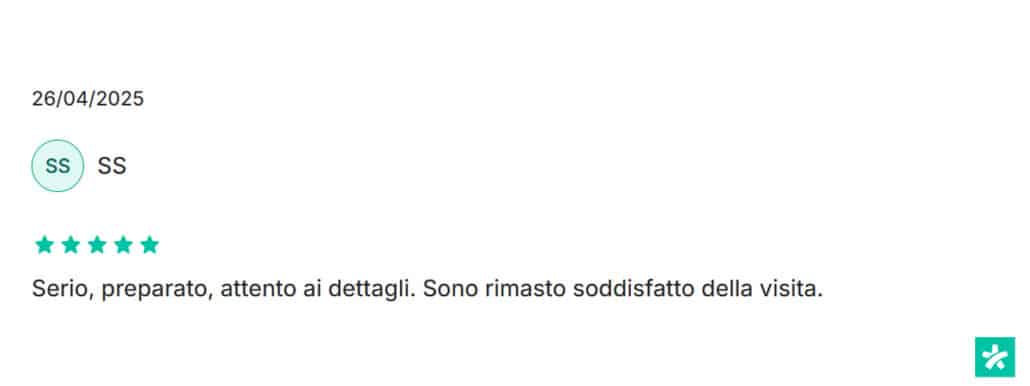 Recensione di SS: Serio, preparato, attento ai dettagli. Sono rimasto soddisfatto della visita. 5 stelle