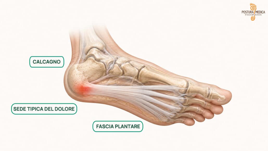 Fascia plantare e zona tipica del dolore della fascite plantare vicino al calcagno