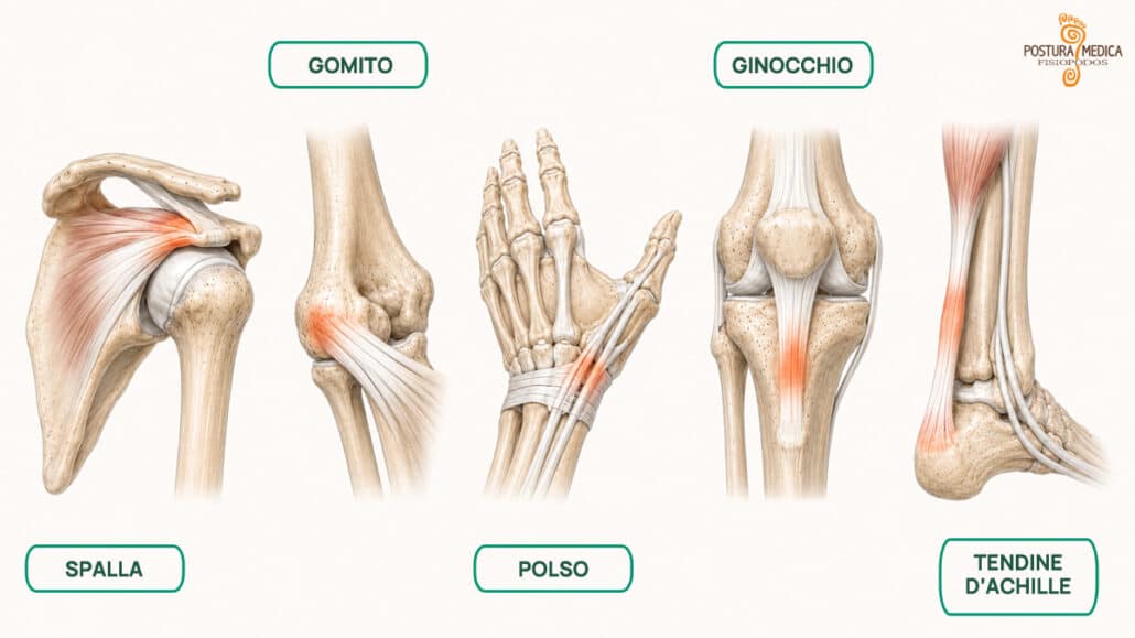 Principali sedi delle tendinopatie a spalla, gomito, polso, ginocchio e tendine d'Achille.